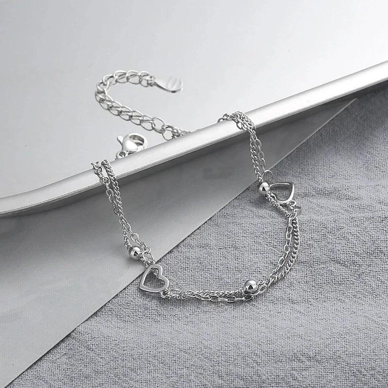 925 Sterling Silver Double Love Heart Bracelet para Mulheres. - Infinital Place