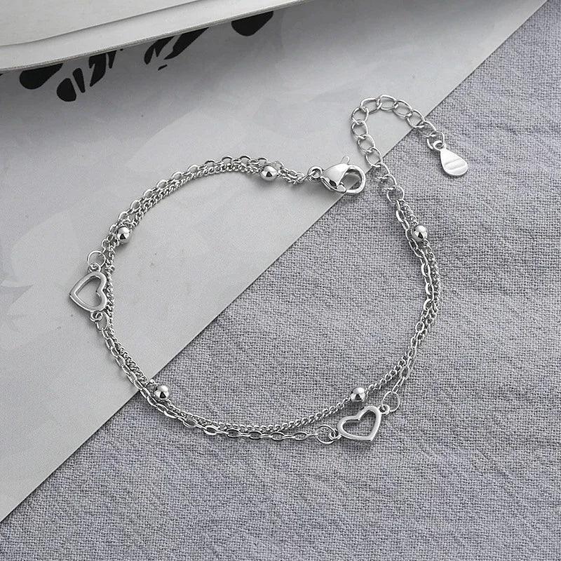 925 Sterling Silver Double Love Heart Bracelet para Mulheres. - Infinital Place