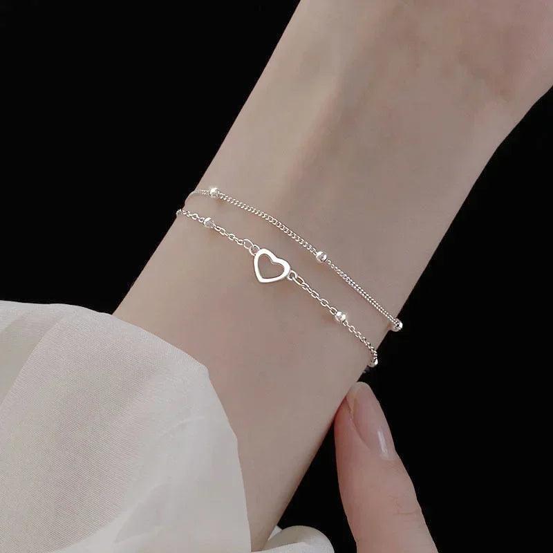 925 Sterling Silver Double Love Heart Bracelet para Mulheres. - Infinital Place